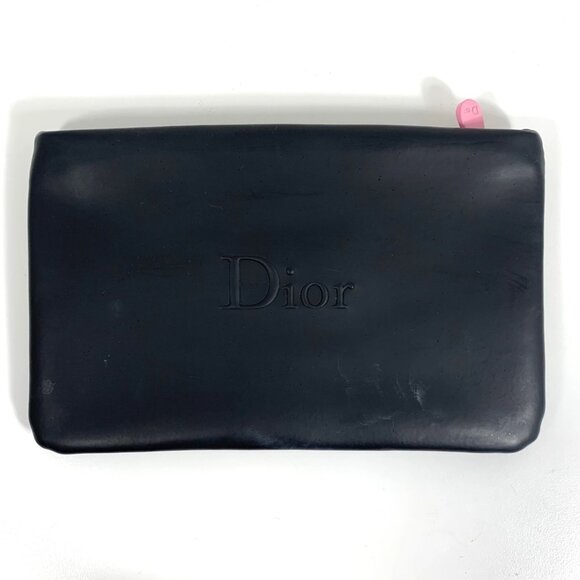 Christian Dior Embossed Lightweight Black Makeup Pouch/Clutch, Pink Zipper Pull - Picture 1 of 11